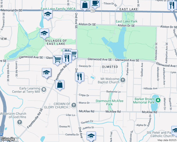 map of restaurants, bars, coffee shops, grocery stores, and more near 2018 Dancing Fox Road in Decatur