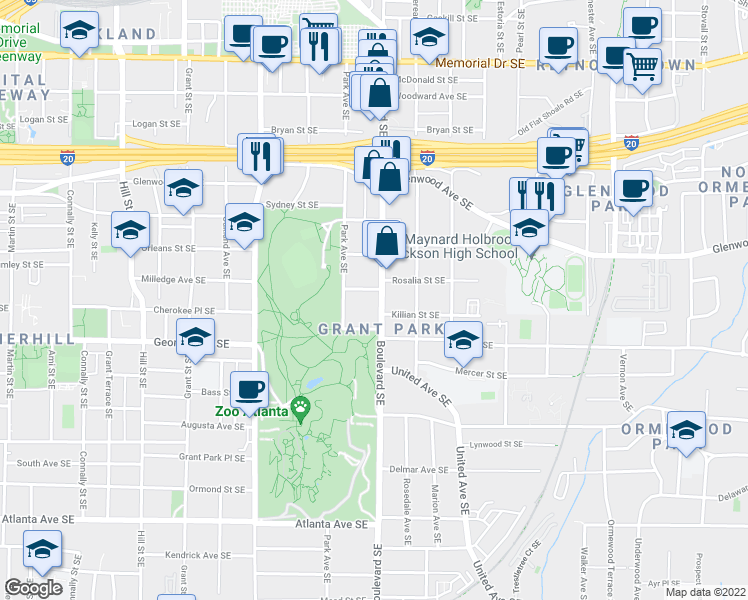 map of restaurants, bars, coffee shops, grocery stores, and more near 603 Boulevard Southeast in Atlanta
