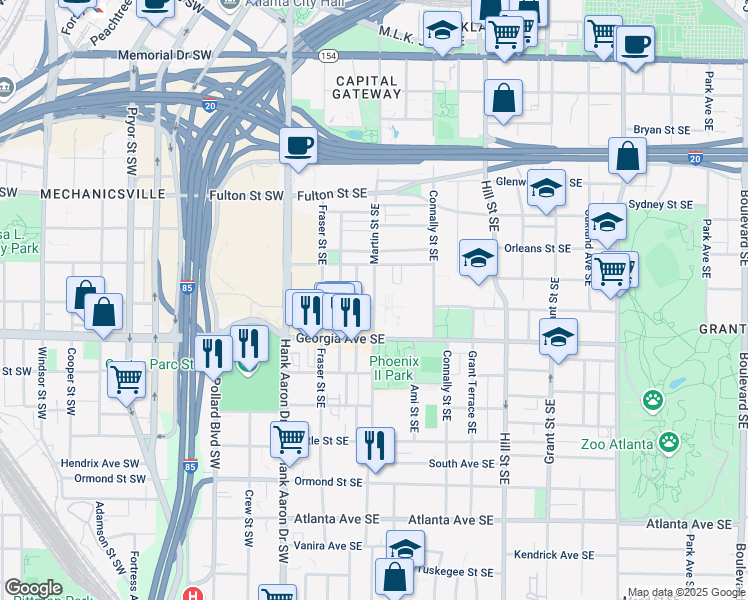 map of restaurants, bars, coffee shops, grocery stores, and more near 609 Martin Street Southeast in Atlanta