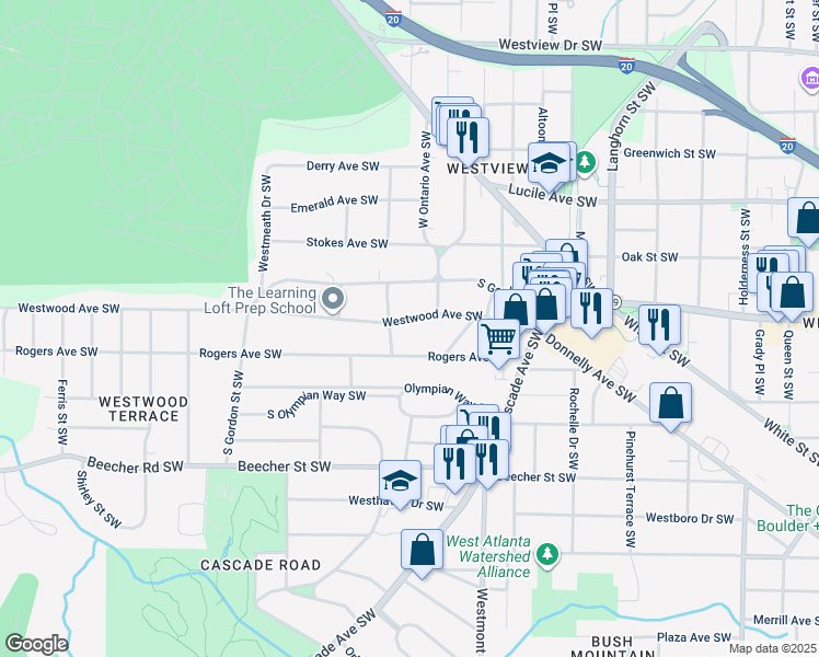 map of restaurants, bars, coffee shops, grocery stores, and more near 1626 Westwood Avenue Southwest in Atlanta