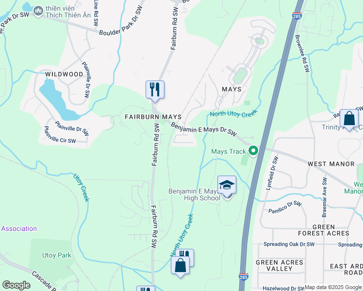 map of restaurants, bars, coffee shops, grocery stores, and more near 3658 Utoy Drive Southwest in Atlanta