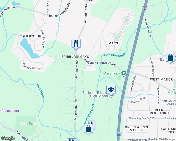 map of restaurants, bars, coffee shops, grocery stores, and more near 3648 Utoy Drive Southwest in Atlanta