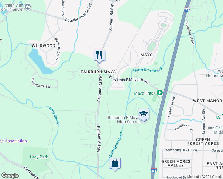map of restaurants, bars, coffee shops, grocery stores, and more near 3658 Utoy Drive Southwest in Atlanta
