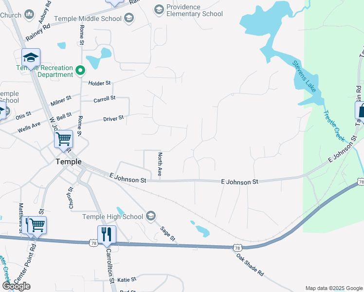 map of restaurants, bars, coffee shops, grocery stores, and more near 111 Deer Crossing in Temple