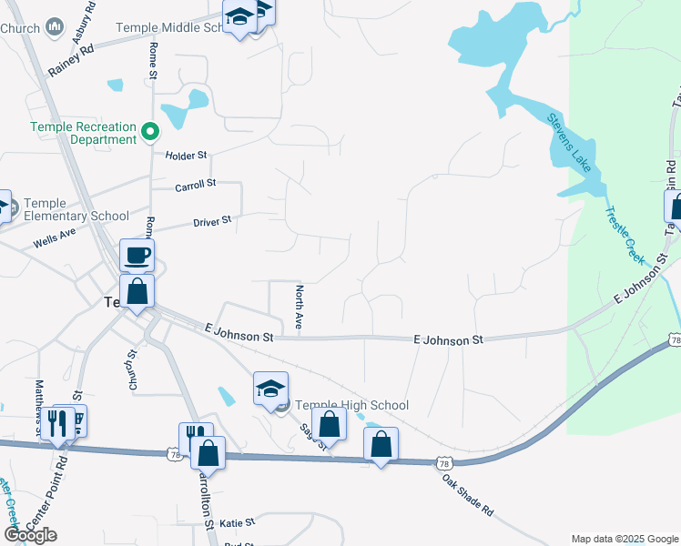 map of restaurants, bars, coffee shops, grocery stores, and more near 111 Deer Crossing in Temple