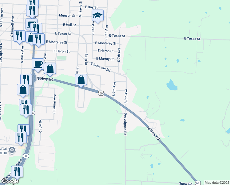 map of restaurants, bars, coffee shops, grocery stores, and more near 708 East Bullock Street in Denison