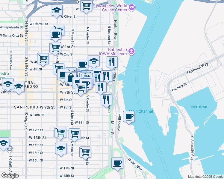 map of restaurants, bars, coffee shops, grocery stores, and more near 551 South Harbor Boulevard in Los Angeles