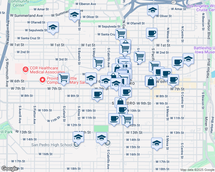 map of restaurants, bars, coffee shops, grocery stores, and more near 631 South Cabrillo Avenue in Los Angeles