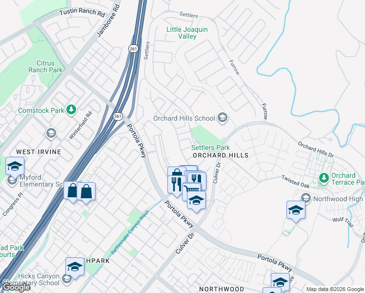 map of restaurants, bars, coffee shops, grocery stores, and more near 15 Flatiron in Irvine