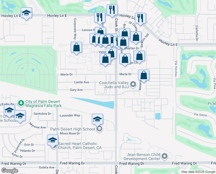 map of restaurants, bars, coffee shops, grocery stores, and more near 15 Clifford Street in Palm Desert