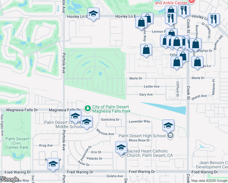 map of restaurants, bars, coffee shops, grocery stores, and more near 74376 Gary Avenue in Palm Desert