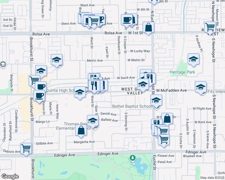 map of restaurants, bars, coffee shops, grocery stores, and more near 706 South Sail Street in Santa Ana