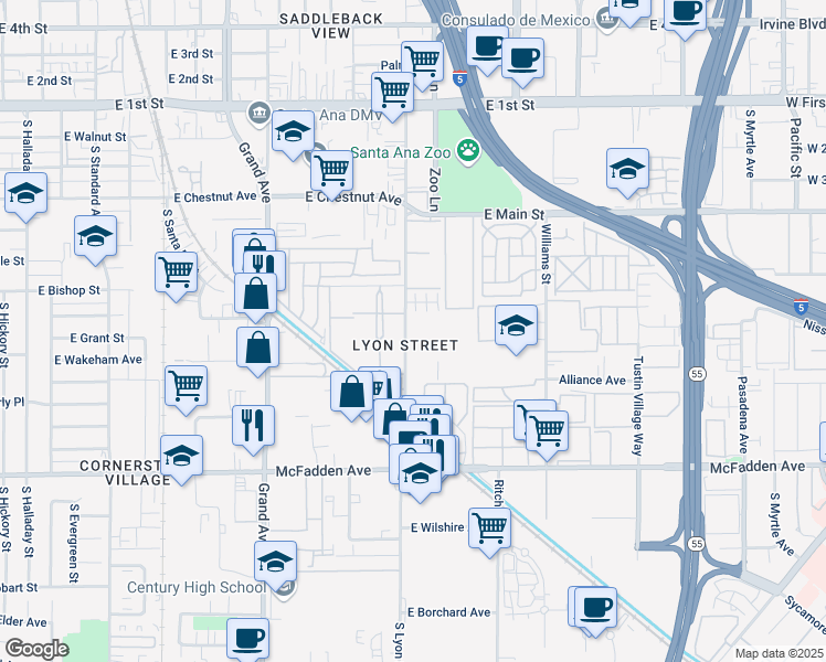 map of restaurants, bars, coffee shops, grocery stores, and more near 727 South Lyon Street in Santa Ana