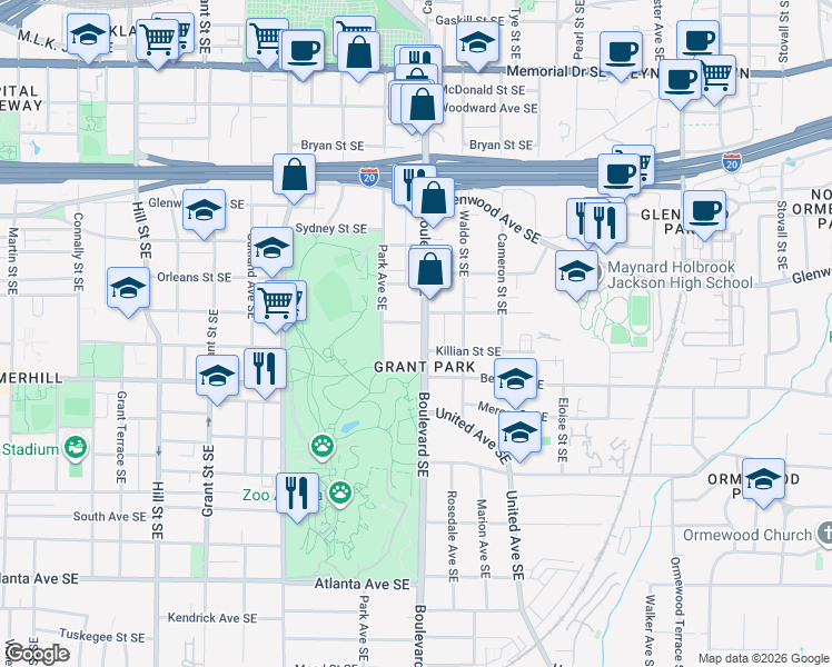 map of restaurants, bars, coffee shops, grocery stores, and more near 603 Boulevard Southeast in Atlanta