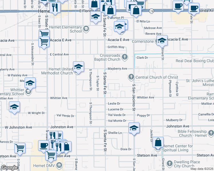 map of restaurants, bars, coffee shops, grocery stores, and more near 602 South Santa Fe Street in Hemet