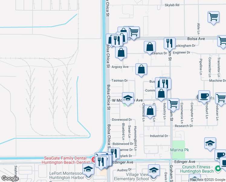 map of restaurants, bars, coffee shops, grocery stores, and more near 5031 Caspian Circle in Huntington Beach