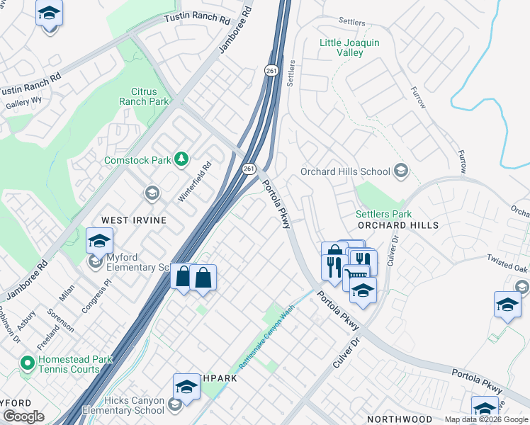 map of restaurants, bars, coffee shops, grocery stores, and more near 25 Larchwood in Irvine