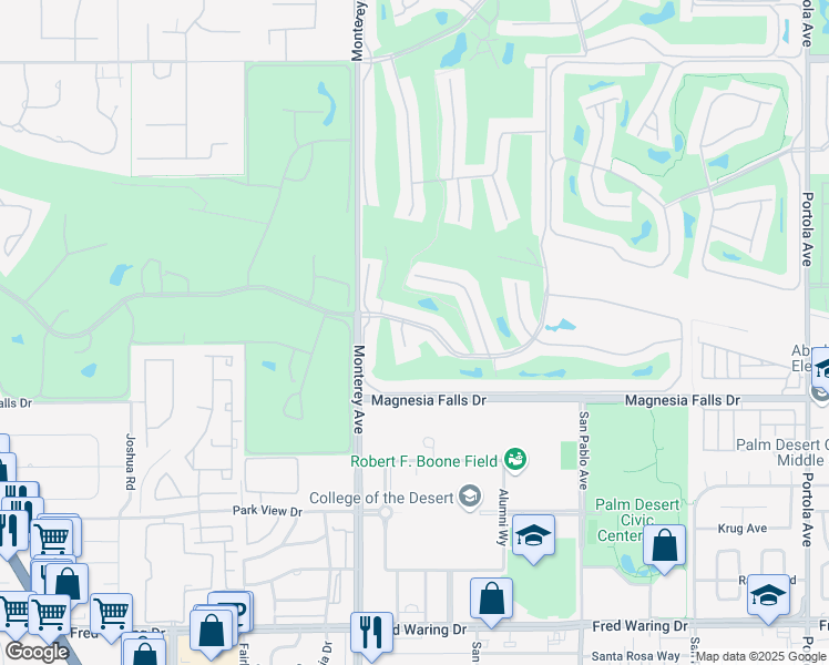 map of restaurants, bars, coffee shops, grocery stores, and more near 157 Gran Via in Palm Desert