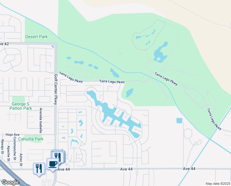 map of restaurants, bars, coffee shops, grocery stores, and more near 42771 Del Lago Court in Indio