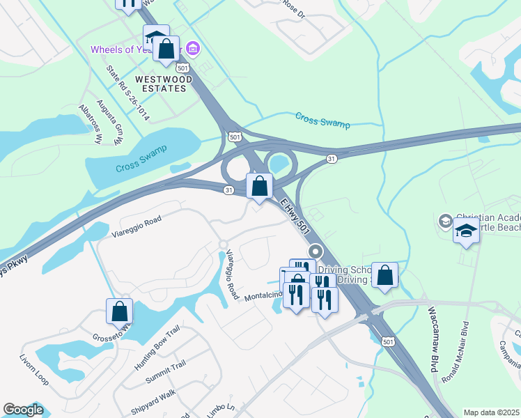 map of restaurants, bars, coffee shops, grocery stores, and more near 4061 Belle Terre Boulevard in Myrtle Beach