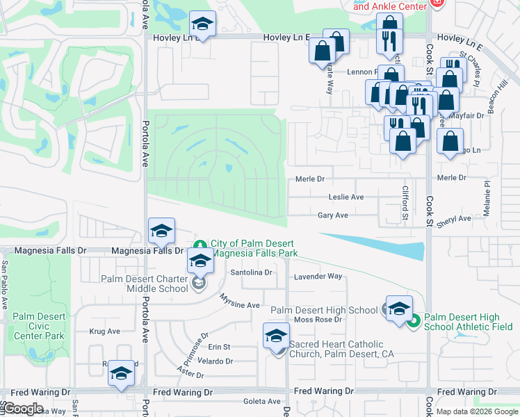 map of restaurants, bars, coffee shops, grocery stores, and more near 74376 Gary Avenue in Palm Desert