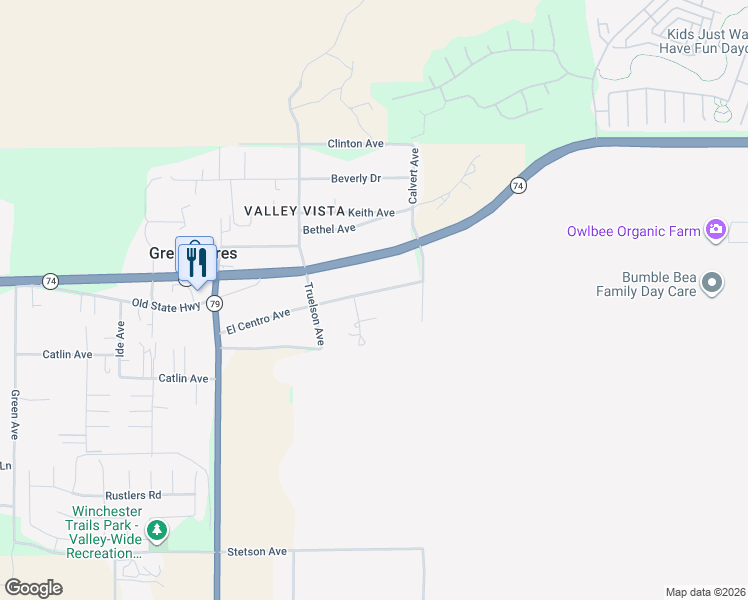 map of restaurants, bars, coffee shops, grocery stores, and more near 33881 El Centro Avenue in Hemet