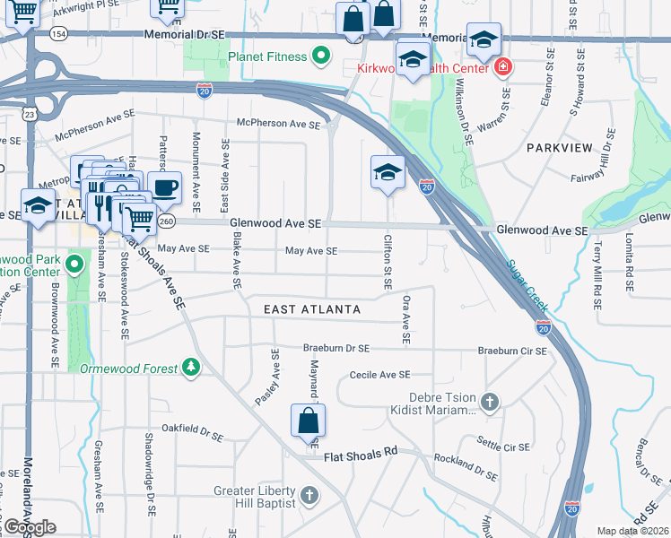 map of restaurants, bars, coffee shops, grocery stores, and more near 1624 Newton Avenue Southeast in Atlanta
