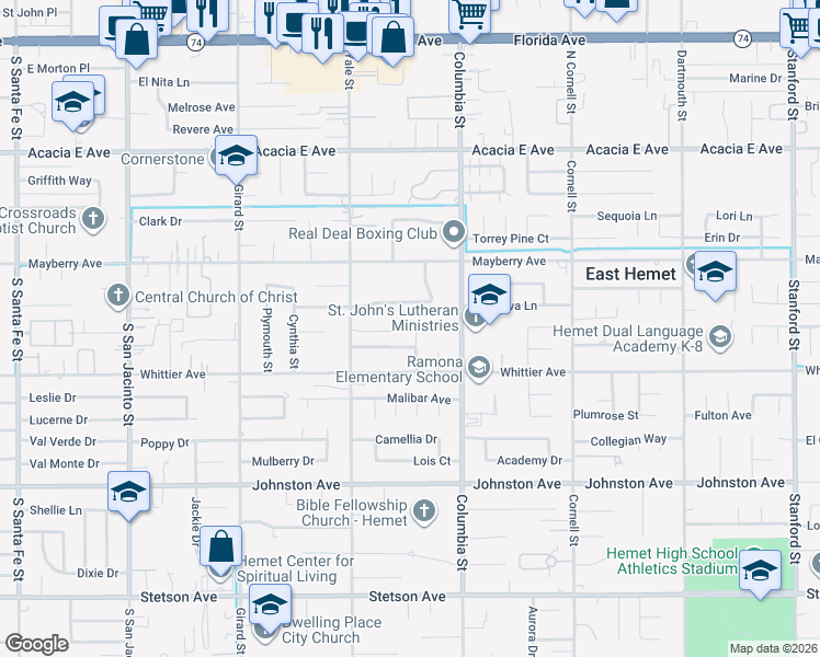 map of restaurants, bars, coffee shops, grocery stores, and more near 26425 Katharin Street in Hemet