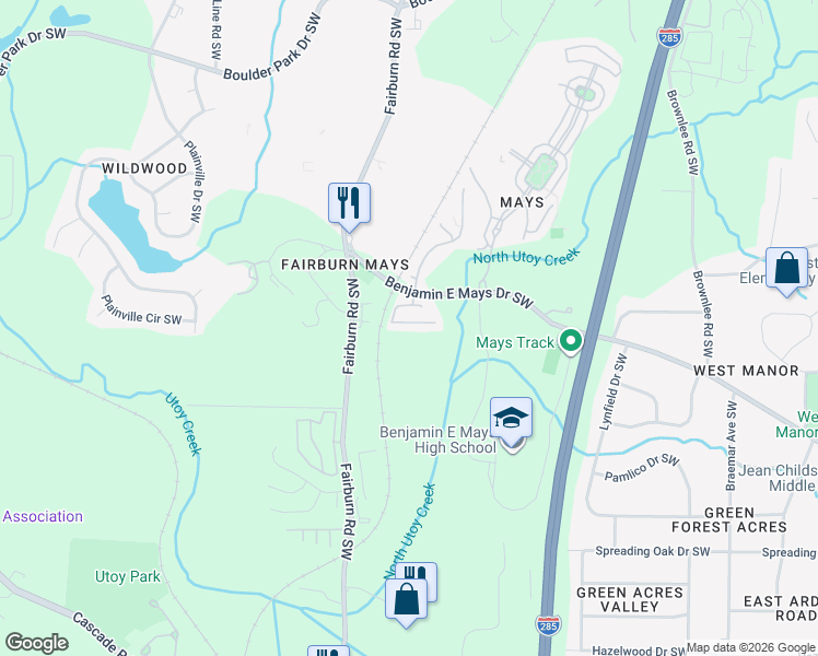 map of restaurants, bars, coffee shops, grocery stores, and more near 3658 Utoy Drive Southwest in Atlanta