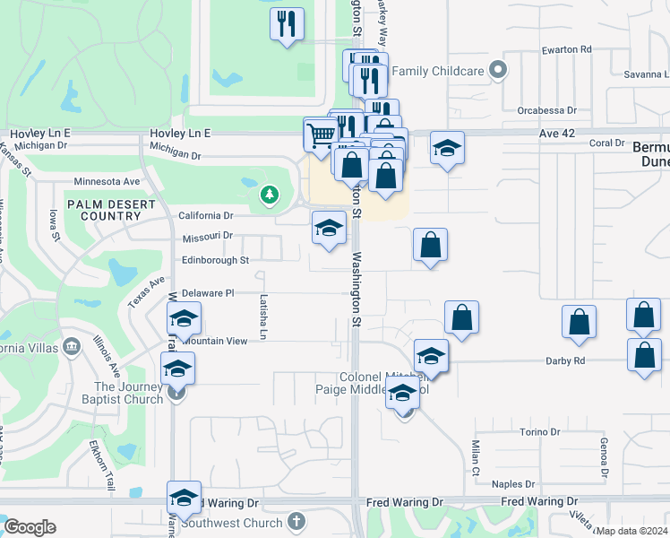 map of restaurants, bars, coffee shops, grocery stores, and more near 77939 Dudley Drive in Palm Desert
