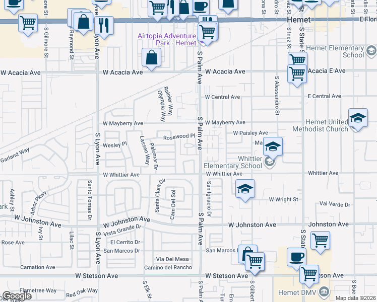 map of restaurants, bars, coffee shops, grocery stores, and more near 615 South Palm Avenue in Hemet
