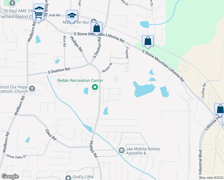 map of restaurants, bars, coffee shops, grocery stores, and more near 6433 Scudders Drive in Lithonia