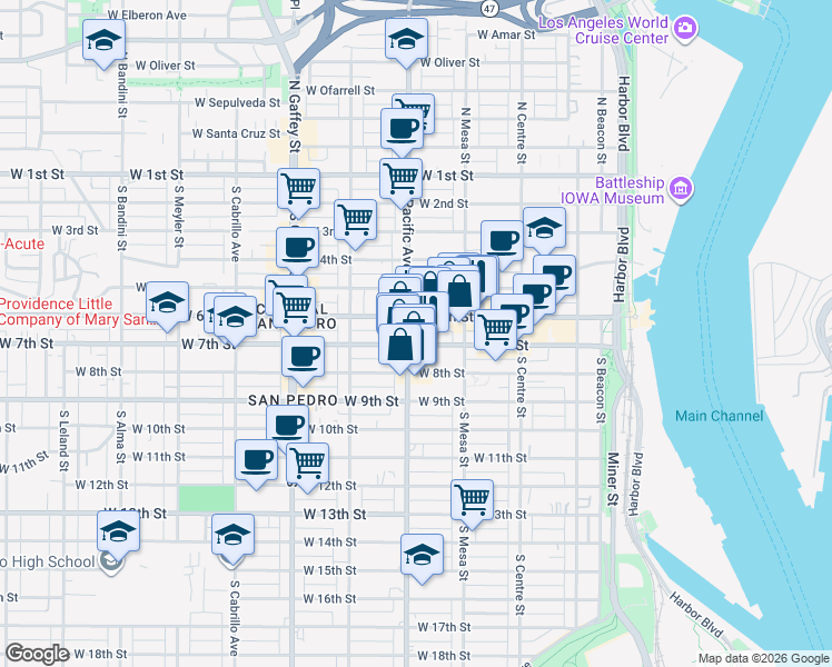 map of restaurants, bars, coffee shops, grocery stores, and more near 624 South Pacific Avenue in Los Angeles