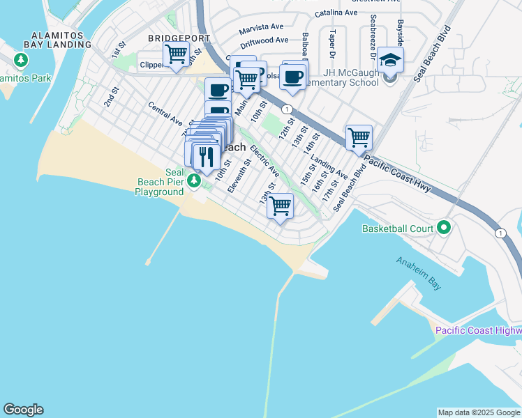 map of restaurants, bars, coffee shops, grocery stores, and more near 1301 Ocean Avenue in Seal Beach