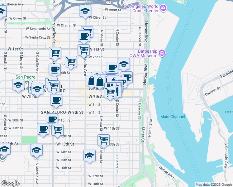 map of restaurants, bars, coffee shops, grocery stores, and more near 615 South Centre Street in Los Angeles