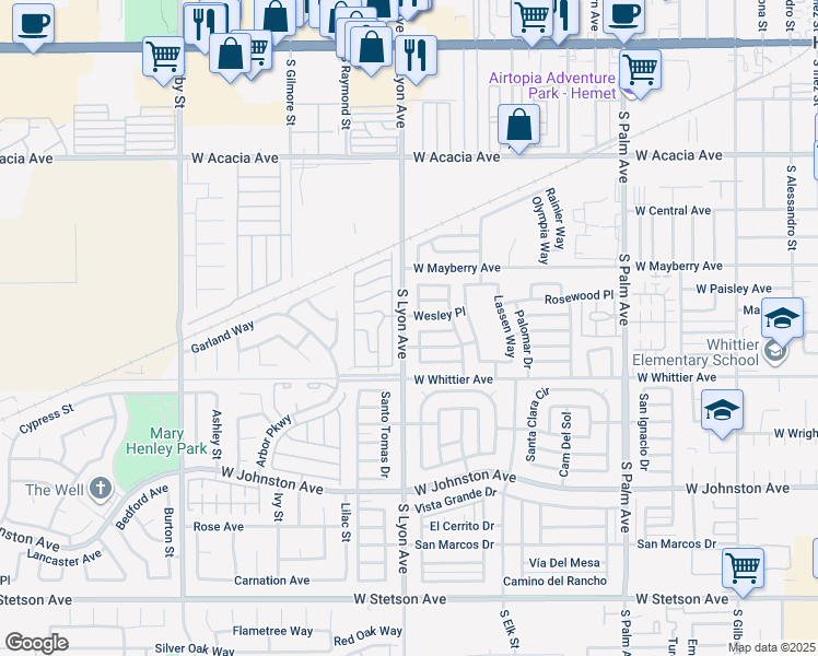 map of restaurants, bars, coffee shops, grocery stores, and more near 600 South Lyon Avenue in Hemet