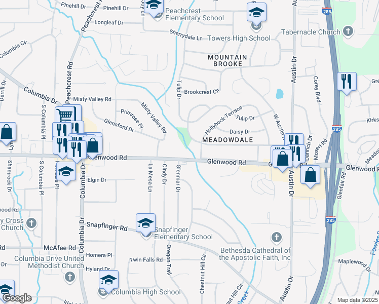 map of restaurants, bars, coffee shops, grocery stores, and more near 4280 Glenwood Road in Decatur