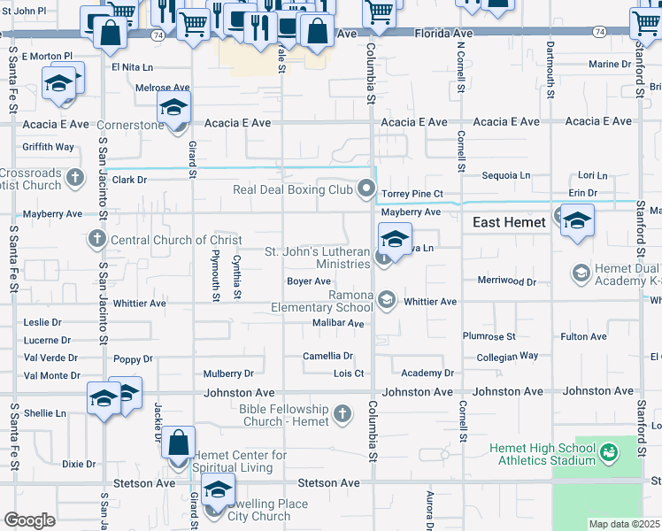 map of restaurants, bars, coffee shops, grocery stores, and more near 26425 Katharin Street in Hemet