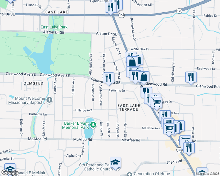 map of restaurants, bars, coffee shops, grocery stores, and more near 2384 Lynn Iris Drive in Decatur