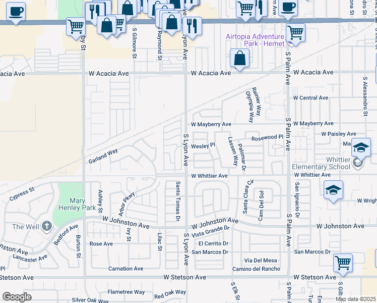 map of restaurants, bars, coffee shops, grocery stores, and more near 600 South Lyon Avenue in Hemet
