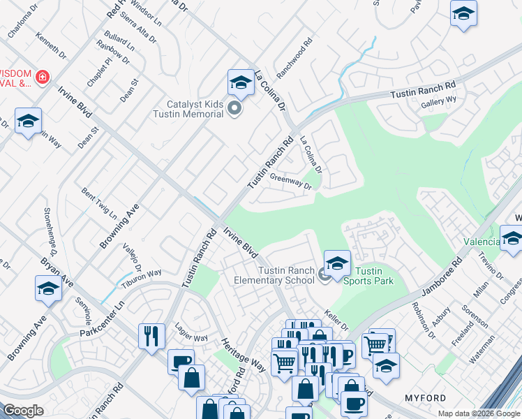 map of restaurants, bars, coffee shops, grocery stores, and more near 2340 Sunningdale Drive in Tustin