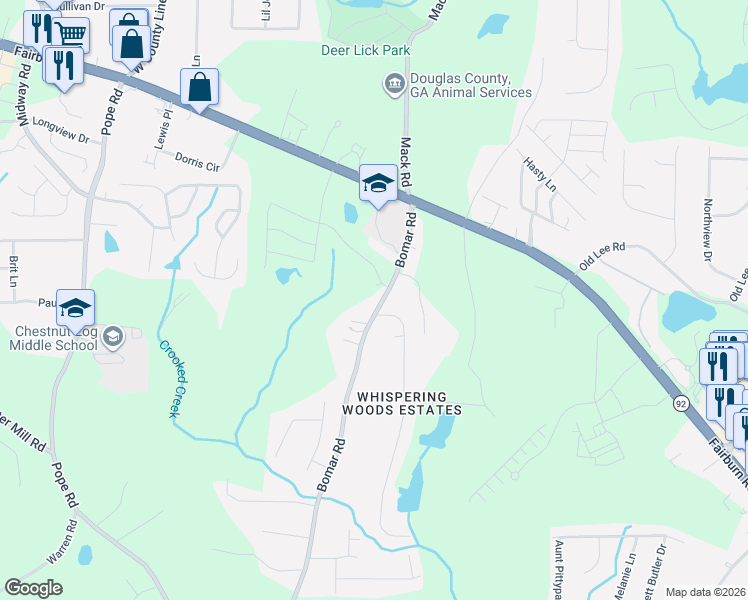 map of restaurants, bars, coffee shops, grocery stores, and more near 2488 Bomar Road in Douglasville