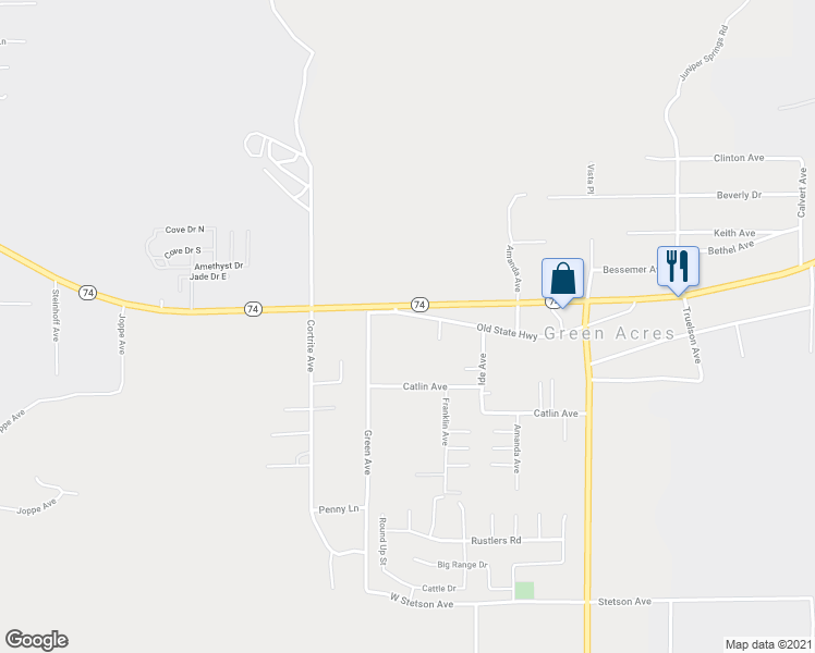 map of restaurants, bars, coffee shops, grocery stores, and more near 33099 Old State Highway in Hemet