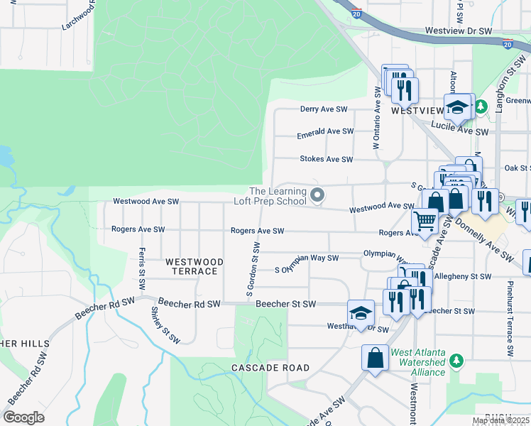 map of restaurants, bars, coffee shops, grocery stores, and more near 1798 South Gordon Street Southwest in Atlanta
