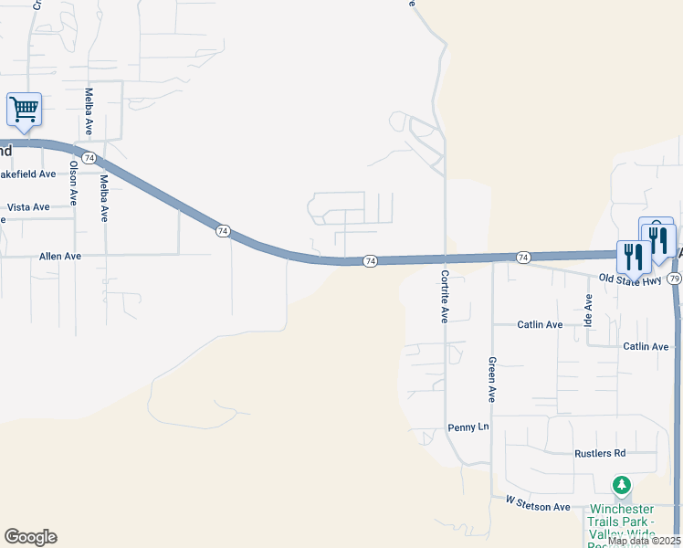 map of restaurants, bars, coffee shops, grocery stores, and more near 32563 California 74 in Hemet