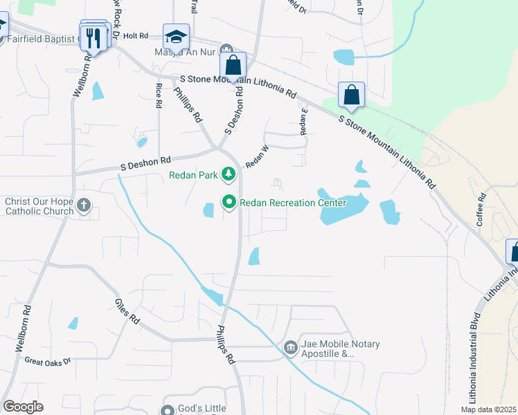 map of restaurants, bars, coffee shops, grocery stores, and more near 1800 Phillips Road in Lithonia