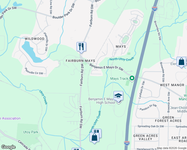map of restaurants, bars, coffee shops, grocery stores, and more near 3648 Utoy Drive Southwest in Atlanta