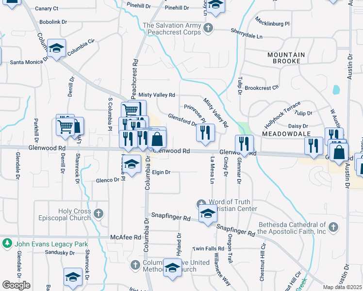 map of restaurants, bars, coffee shops, grocery stores, and more near 4130 Glenwood Road in Decatur