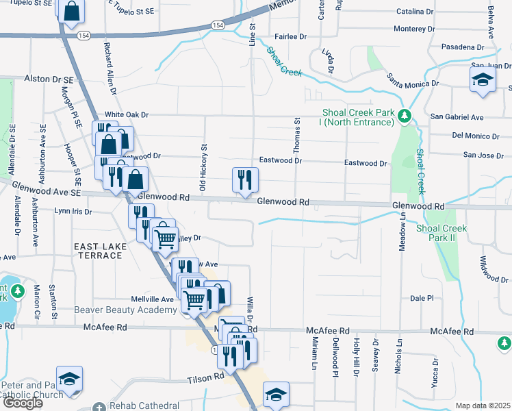 map of restaurants, bars, coffee shops, grocery stores, and more near 3375 Glenwood Road in Decatur
