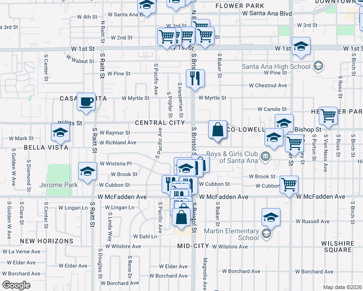 map of restaurants, bars, coffee shops, grocery stores, and more near 1401 Tolliver Street in Santa Ana